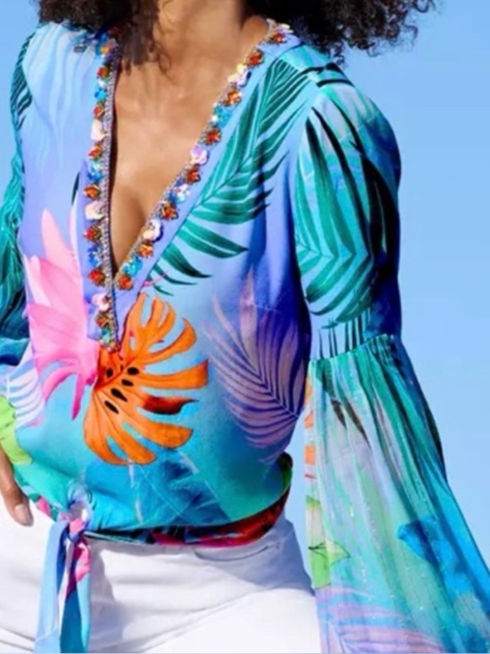 Boston Proper Tropical Beaded top ,V-Neck ,S,Tie-Front ,puffed sheer sleeves, EC